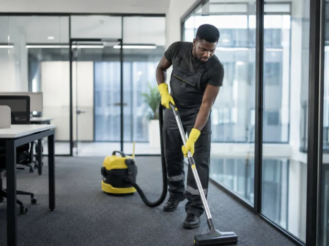 Cleaner vacuuming a carpeted office floor