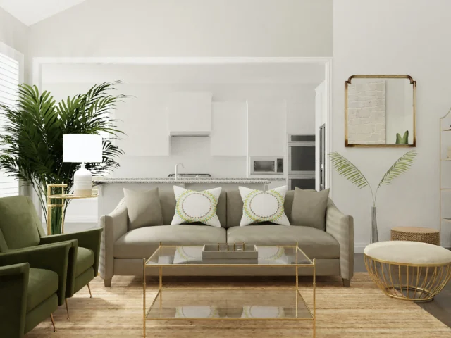 Grey and white sofa in a staged living room