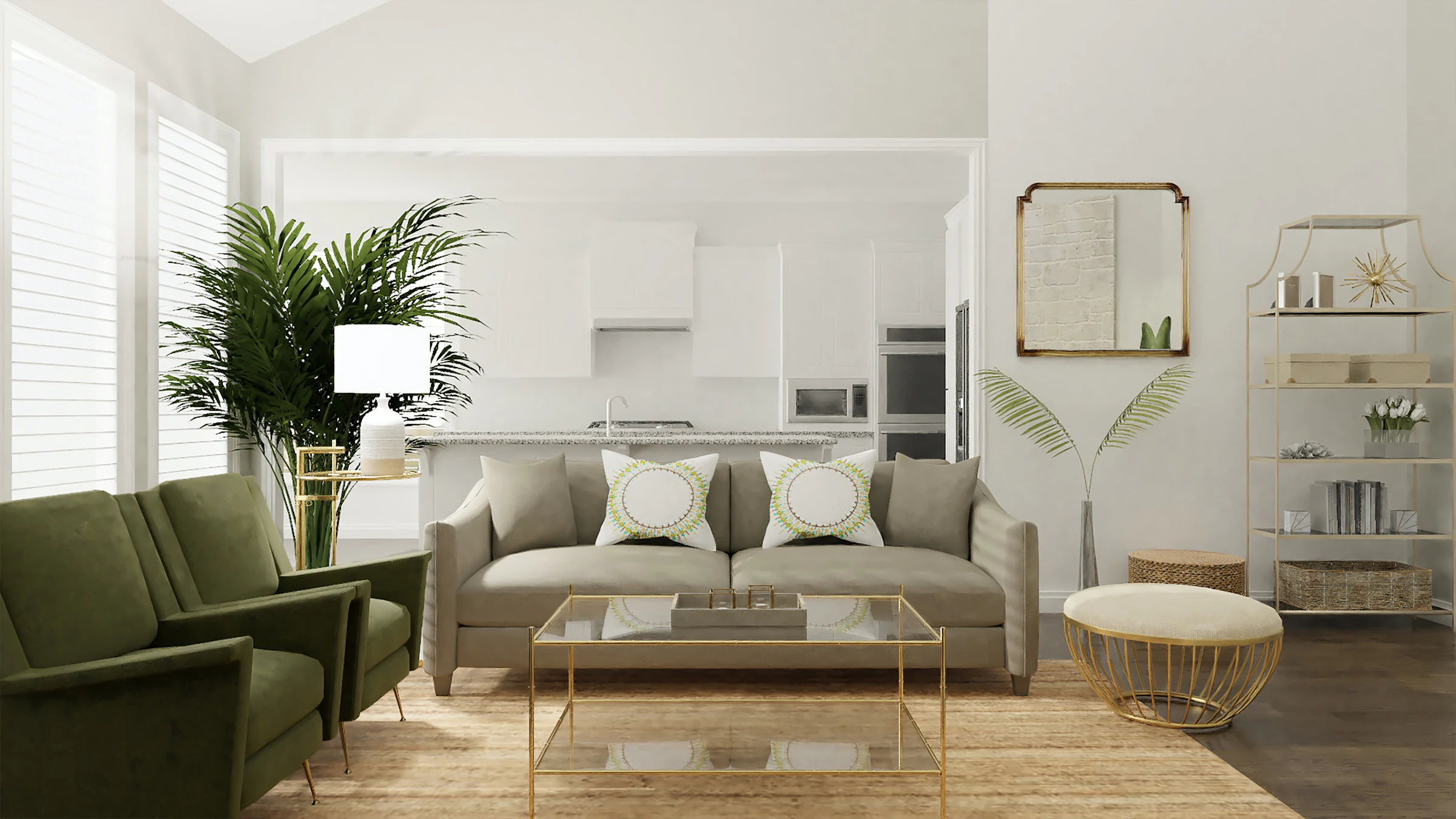 Grey and white sofa in a staged living room