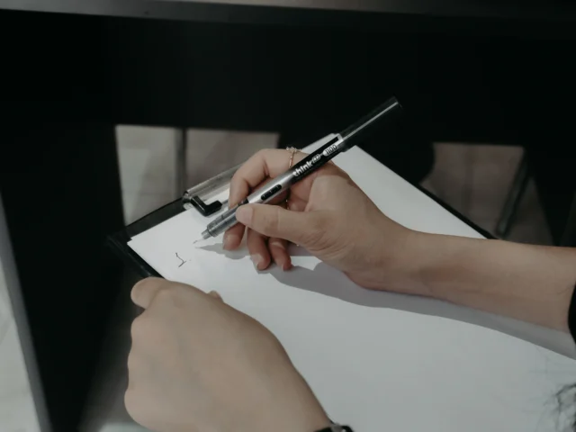 Hands writing on a clipboard with a pen