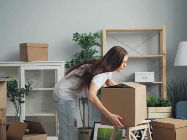 Moving boxes in a bright living room on moving day