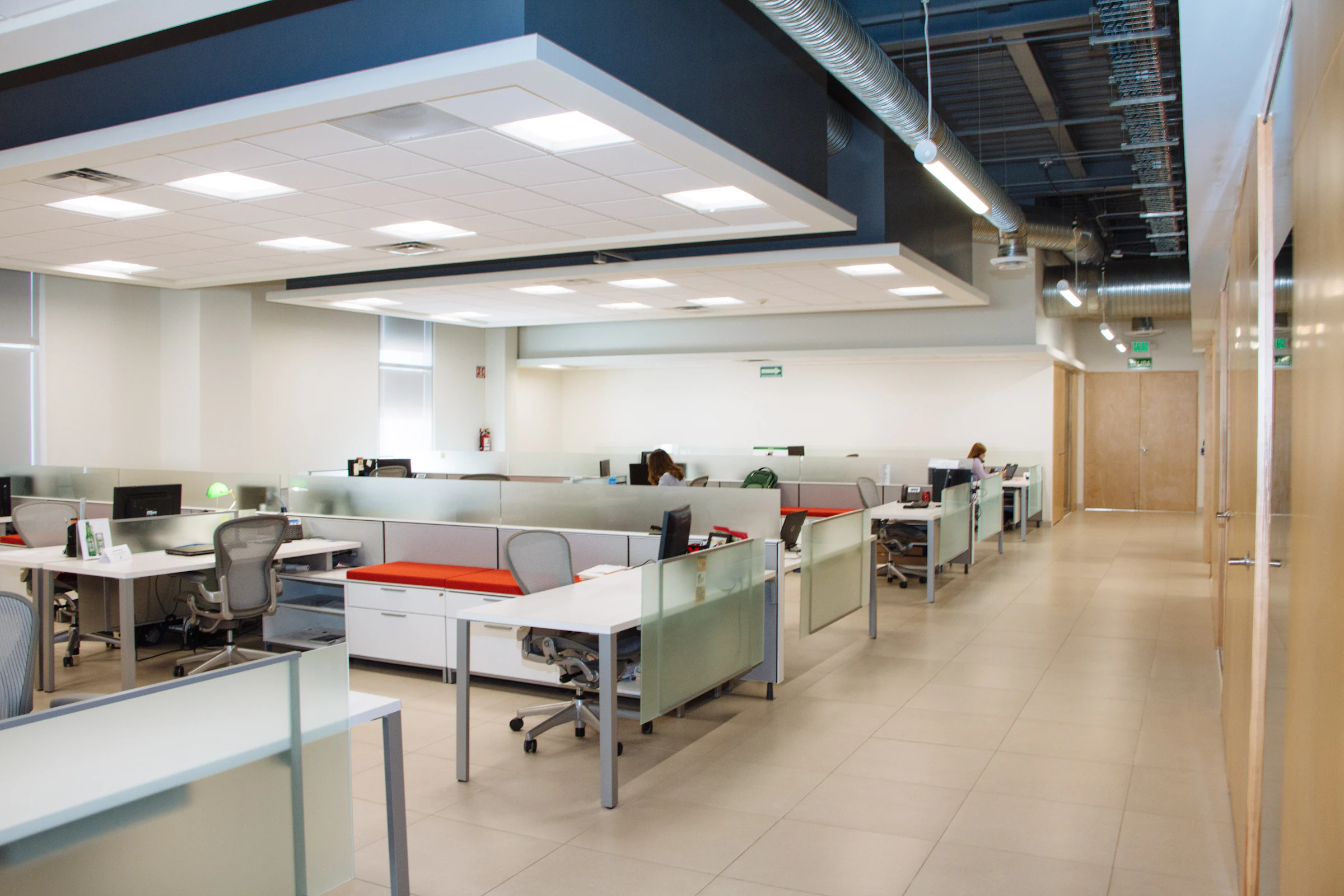 Open plan office with rows of white desks and frosted glass partitions