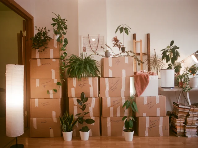 Room filled with moving boxes and plants