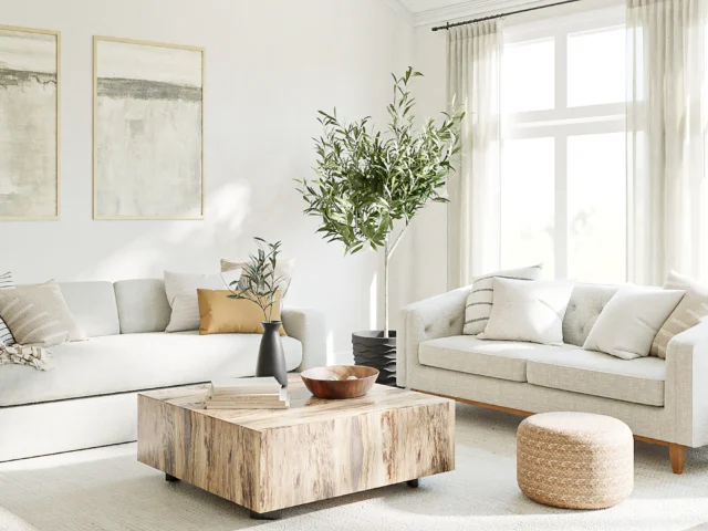 Tidy living room with a large window
